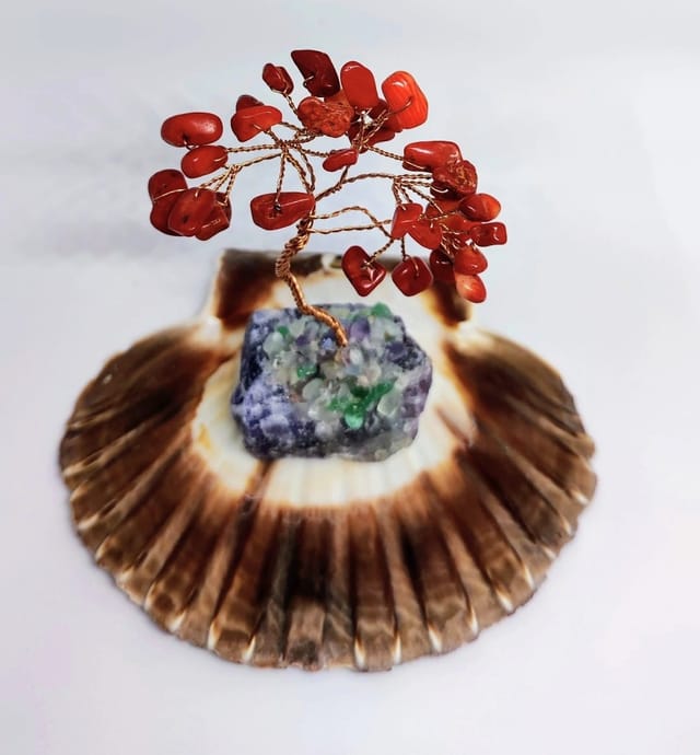 Arbre de vie en jaspe rouge sur coquillage. Une pièce unique alliant nature et énergie.