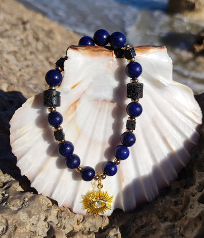 Coffret Bracelet Lapis Lazuli,Pierre de Lave avec son pendentif Soleil doré