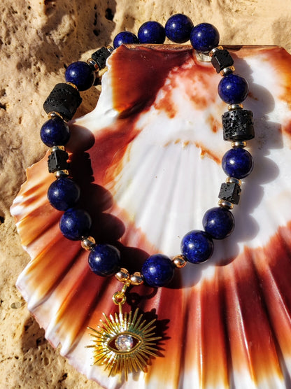 Coffret Bracelet Lapis Lazuli,Pierre de Lave avec son pendentif Soleil doré