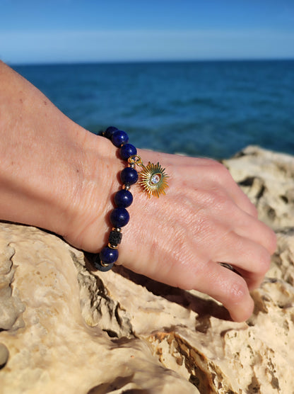 Coffret Bracelet Lapis Lazuli,Pierre de Lave avec son pendentif Soleil doré