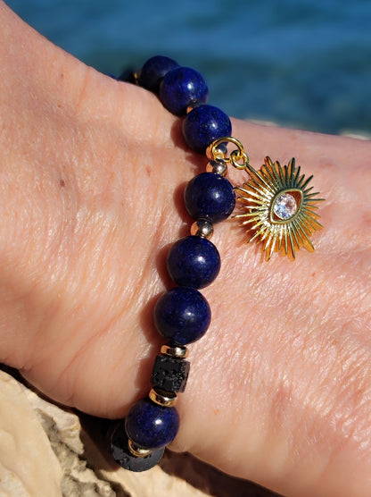 Coffret Bracelet Lapis Lazuli,Pierre de Lave avec son pendentif Soleil doré